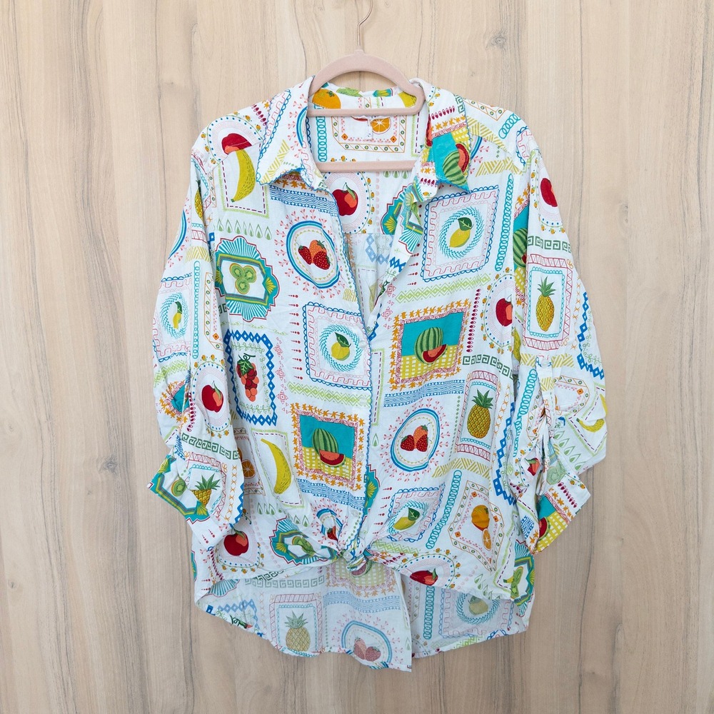 Jane + Delancey Linen Shirt 1X White Fruit Print Front Tie Tropical Coastal